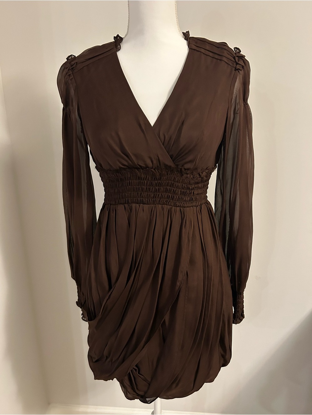 JILL STUART Brown Long Sleeve V-Neck Smocked Waist Dress